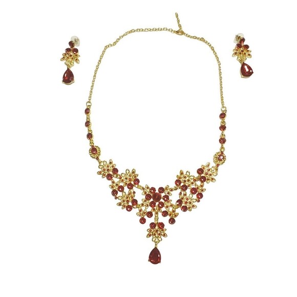 Jewelry - Gold Red Rhinestone Wedding Necklace and Earrings Set